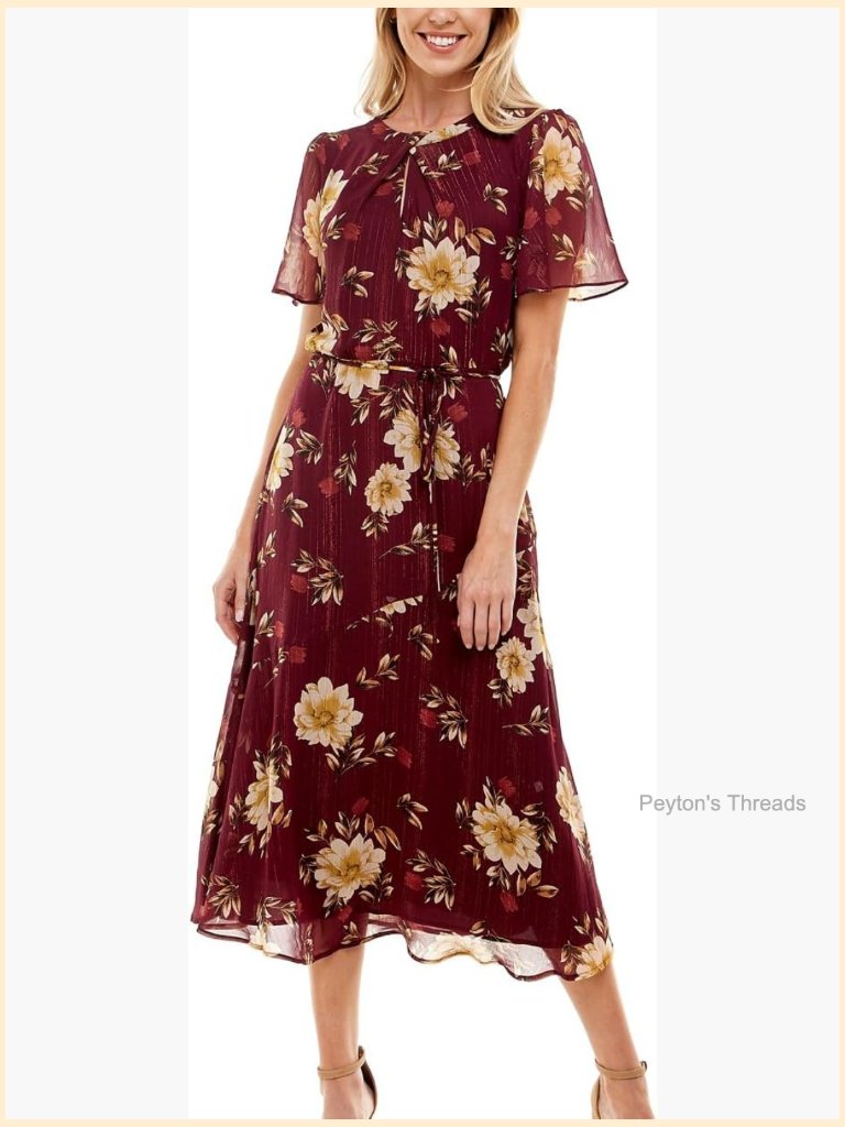 Chiffon Floral Midi Dress With Flutter Sleeves, A-Line, Tie Neck
